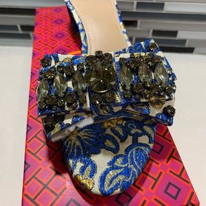 Tory Burch New Valentina Blue Metallic Brocade Bow Slide Sandals Shoes 7.5